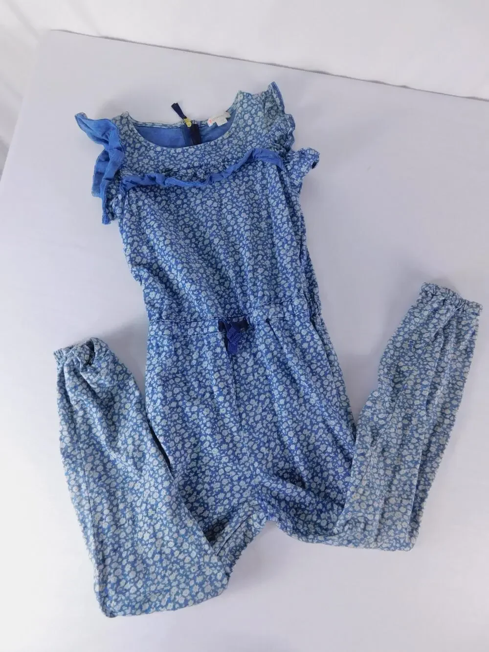 Crewcuts Jumpsuit Girls 7 Blue Floral Ruffle Elastic Waist One Piece Summer